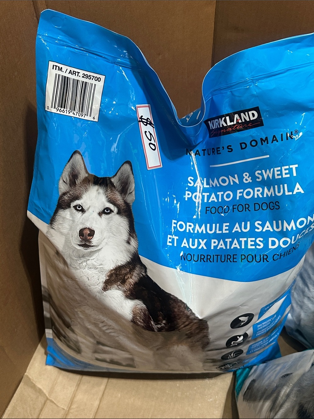 Kirkland Signature Dog Food Bag - Blue and White Packaging